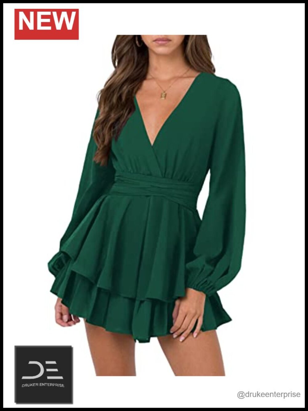 Womens V Neck Long Sleeve Tie Waist Ruffle Hem Flowy Mini Wrap Dress